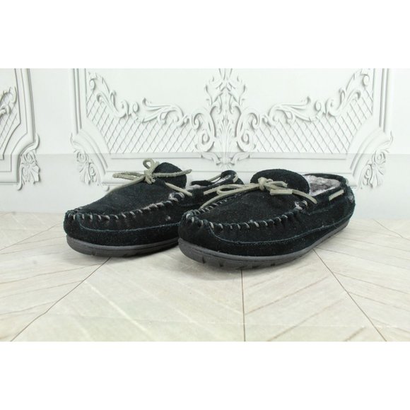 LL Bean Black Suede Shearling Lined Wicked Good Moccasins Slippers 9 M - Picture 2 of 8